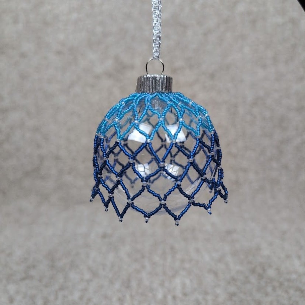 Handmade Blue‎ Beaded Clear Plastic Christmas Ornament Holiday Decor